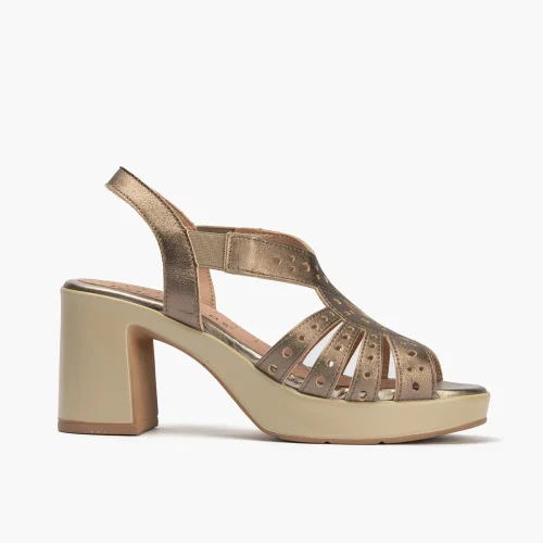 Zapato de sal&oacute;n con tac&oacute;n plataforma y detalles metalizados Bronce